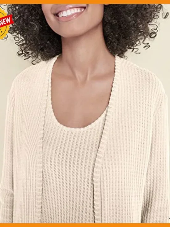 3 Piece Waffle Knit Lounge Set with Cardigan Joggers Tank Top - Picture 3 of 6